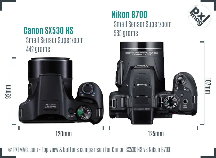 Canon SX530 HS vs Nikon B700 top view buttons comparison