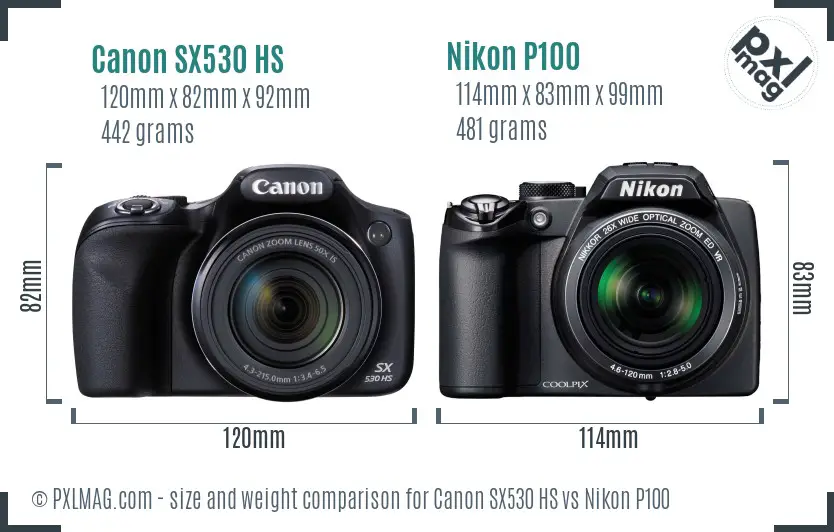 Canon SX530 HS vs Nikon P100 size comparison