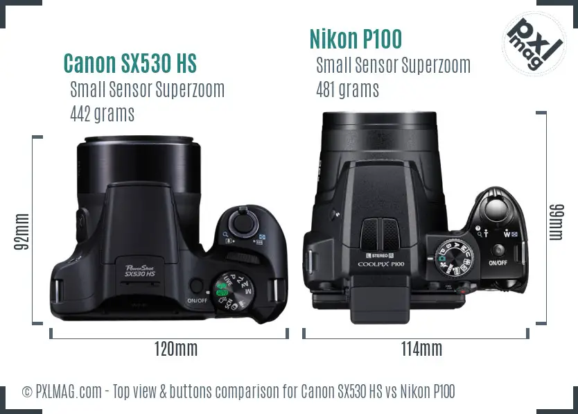 Canon SX530 HS vs Nikon P100 top view buttons comparison