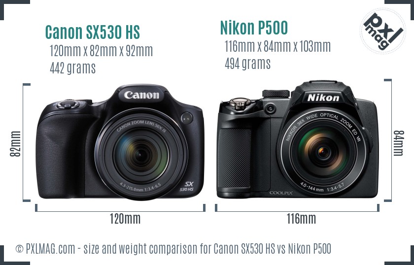Canon SX530 HS vs Nikon P500 size comparison