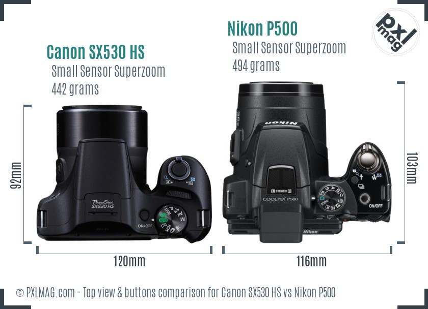 Canon SX530 HS vs Nikon P500 top view buttons comparison