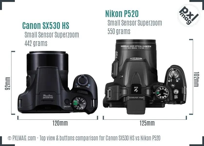 Canon SX530 HS vs Nikon P520 top view buttons comparison