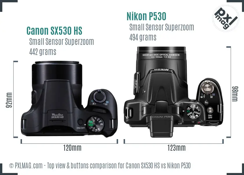 Canon SX530 HS vs Nikon P530 top view buttons comparison Canon SX530 HS vs Nikon P530 top view buttons comparison