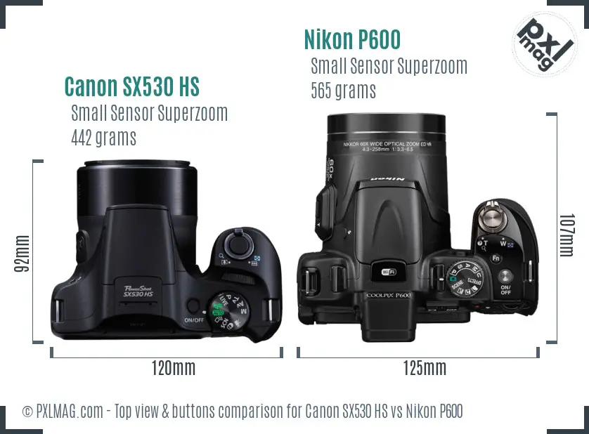 Canon SX530 HS vs Nikon P600 top view buttons comparison