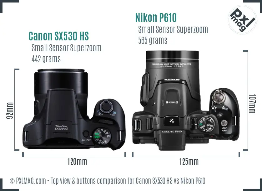 Canon SX530 HS vs Nikon P610 top view buttons comparison Canon SX530 HS vs Nikon P610 top view buttons comparison