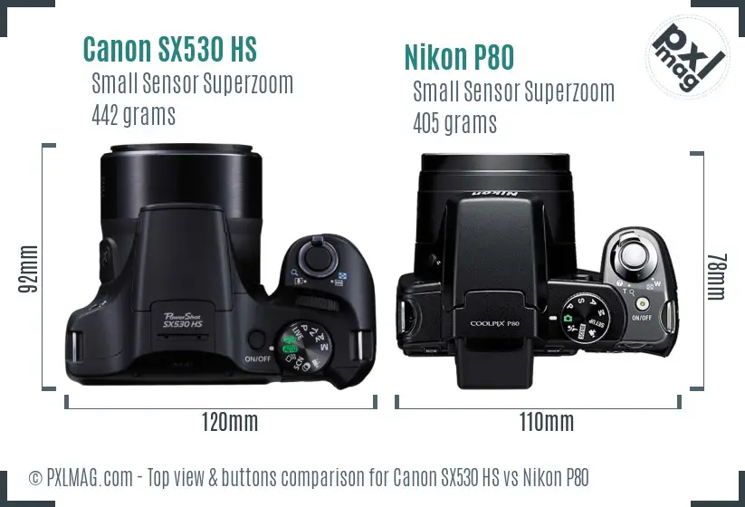 Canon SX530 HS vs Nikon P80 top view buttons comparison