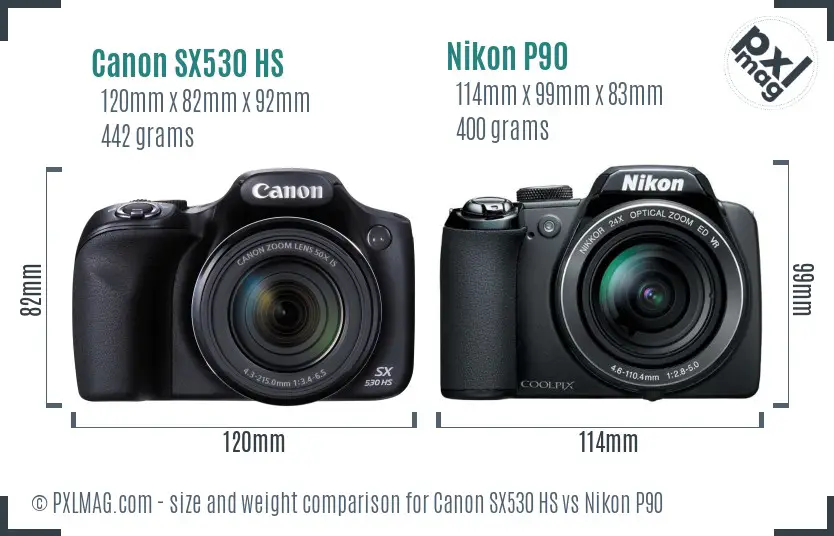 Canon SX530 HS vs Nikon P90 size comparison