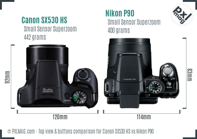 Canon SX530 HS vs Nikon P90 top view buttons comparison