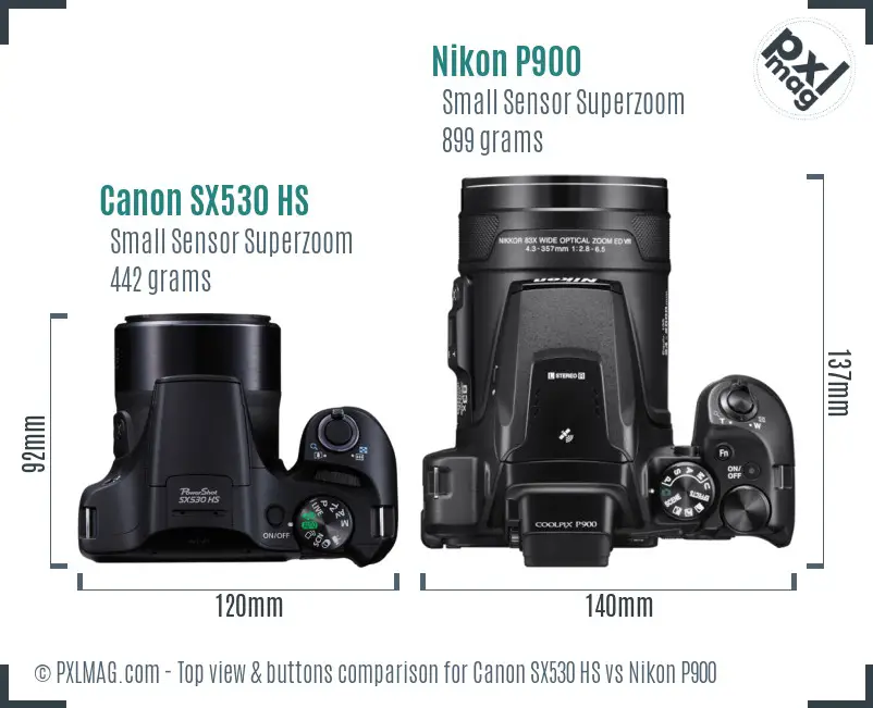 Canon SX530 HS vs Nikon P900 top view buttons comparison