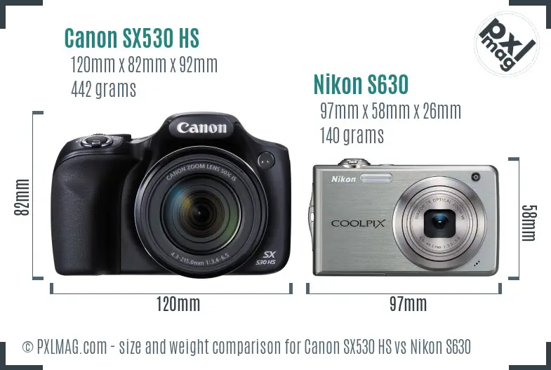 Canon SX530 HS vs Nikon S630 size comparison
