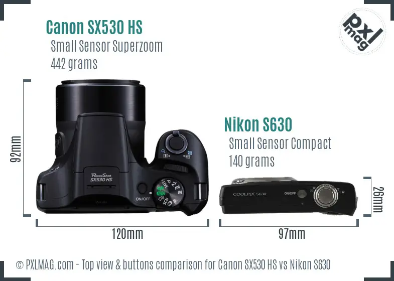 Canon SX530 HS vs Nikon S630 top view buttons comparison
