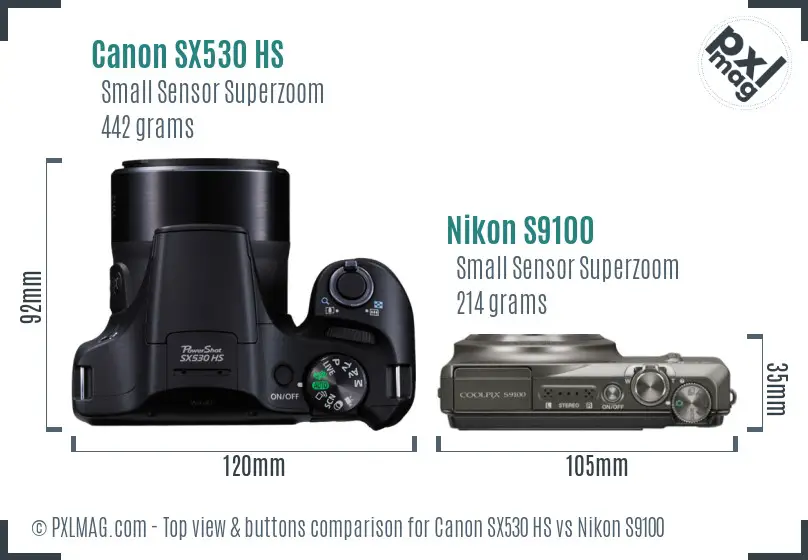Canon SX530 HS vs Nikon S9100 top view buttons comparison