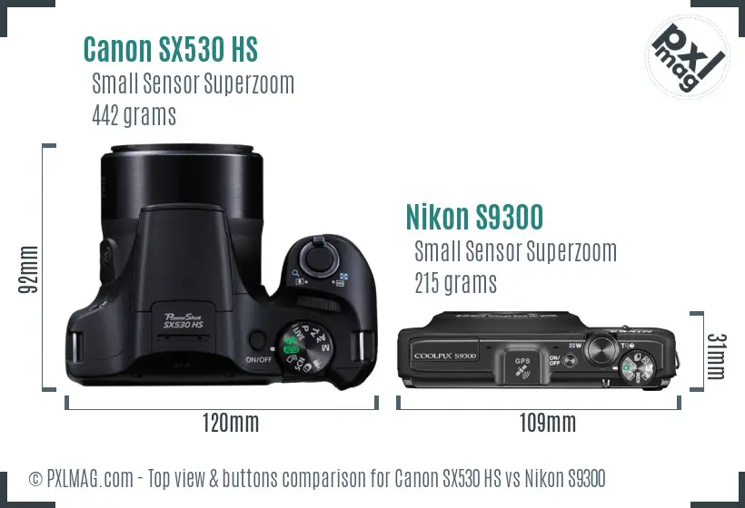 Canon SX530 HS vs Nikon S9300 top view buttons comparison