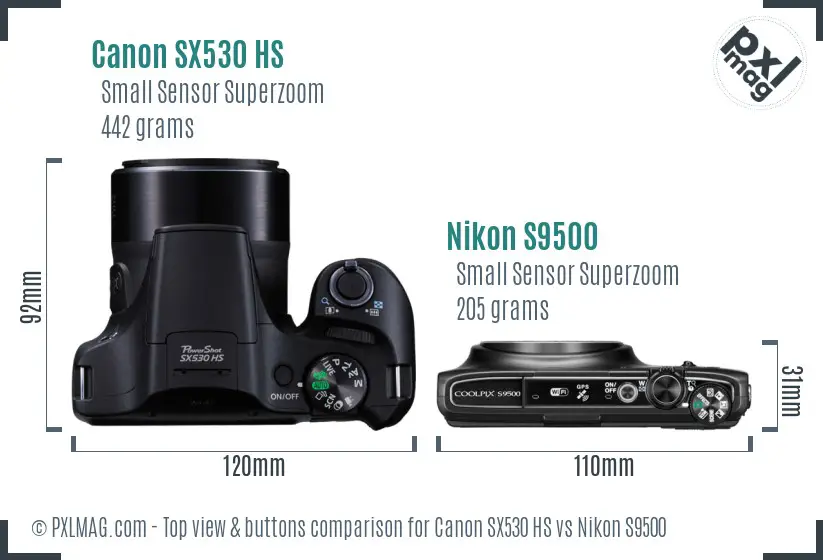 Canon SX530 HS vs Nikon S9500 top view buttons comparison