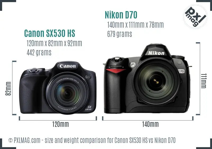 Canon SX530 HS vs Nikon D70 size comparison
