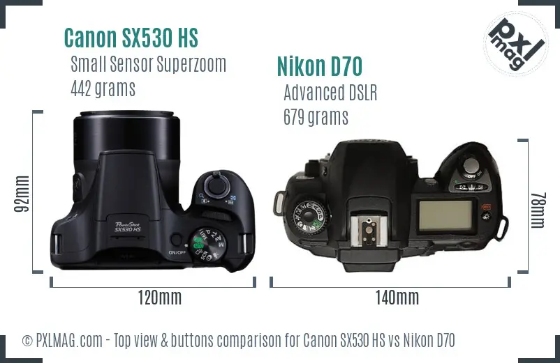 Canon SX530 HS vs Nikon D70 top view buttons comparison