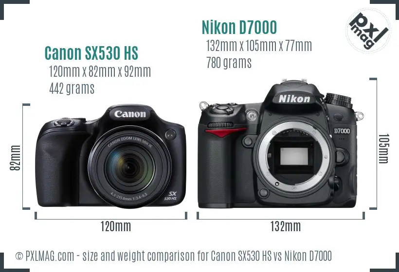 Canon SX530 HS vs Nikon D7000 size comparison