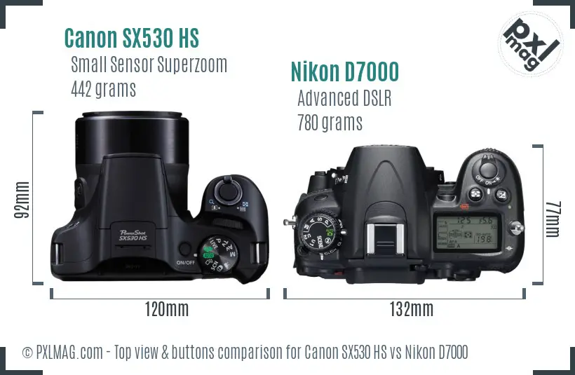 Canon SX530 HS vs Nikon D7000 top view buttons comparison