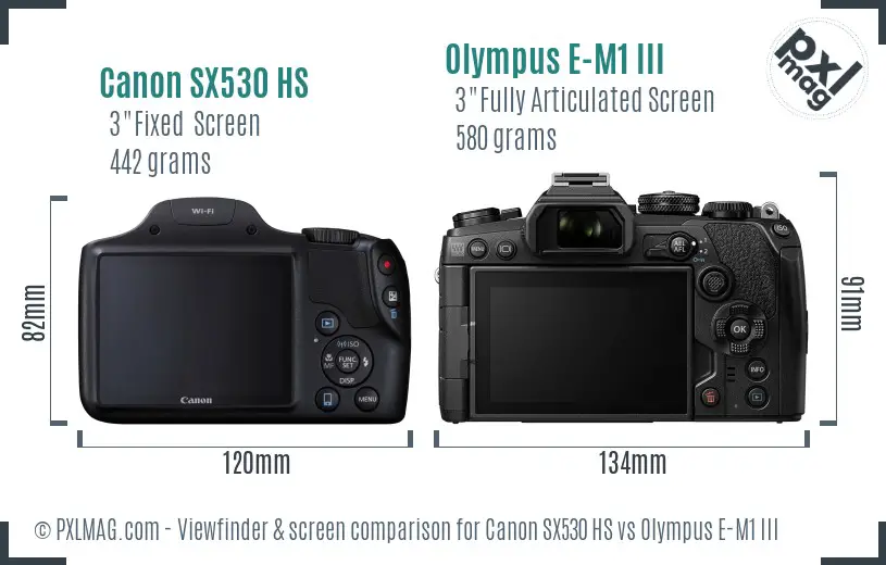 Canon SX530 HS vs Olympus E-M1 III Screen and Viewfinder comparison