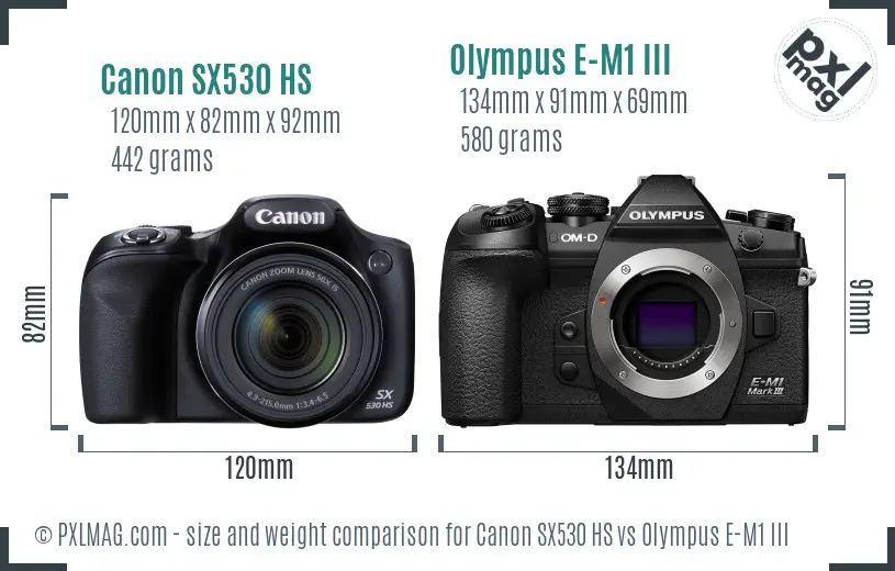 Canon SX530 HS vs Olympus E-M1 III size comparison