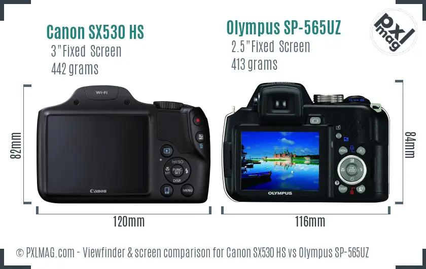 Canon SX530 HS vs Olympus SP-565UZ Screen and Viewfinder comparison