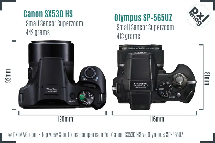 Canon SX530 HS vs Olympus SP-565UZ top view buttons comparison