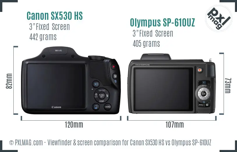 Canon SX530 HS vs Olympus SP-610UZ Screen and Viewfinder comparison
