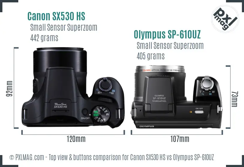 Canon SX530 HS vs Olympus SP-610UZ top view buttons comparison