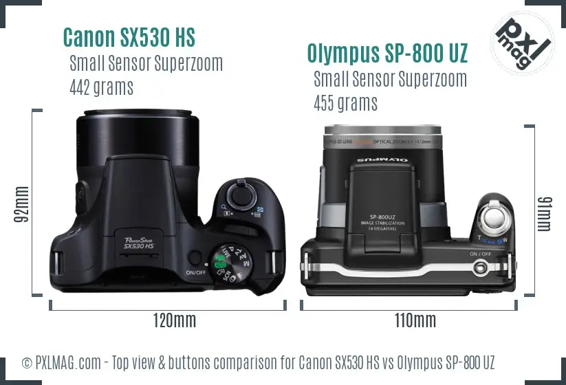 Canon SX530 HS vs Olympus SP-800 UZ top view buttons comparison