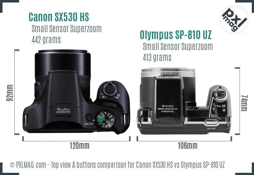 Canon SX530 HS vs Olympus SP-810 UZ top view buttons comparison