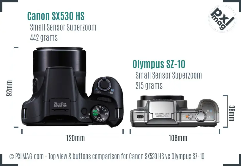 Canon SX530 HS vs Olympus SZ-10 top view buttons comparison Canon SX530 HS vs Olympus SZ-10 top view buttons comparison