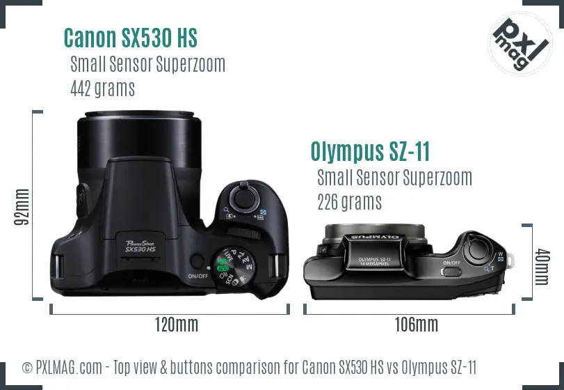 Canon SX530 HS vs Olympus SZ-11 top view buttons comparison