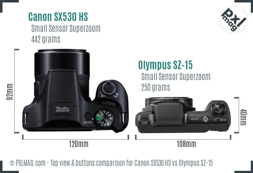 Canon SX530 HS vs Olympus SZ-15 top view buttons comparison
