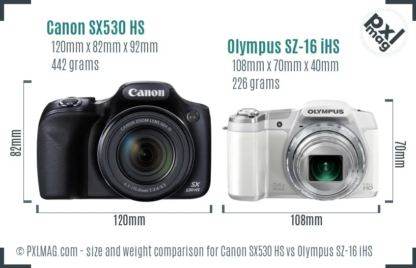 Canon SX530 HS vs Olympus SZ-16 iHS size comparison