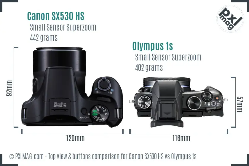 Canon SX530 HS vs Olympus 1s top view buttons comparison