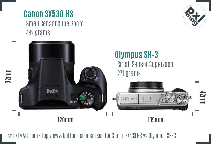 Canon SX530 HS vs Olympus SH-3 top view buttons comparison Canon SX530 HS vs Olympus SH-3 top view buttons comparison