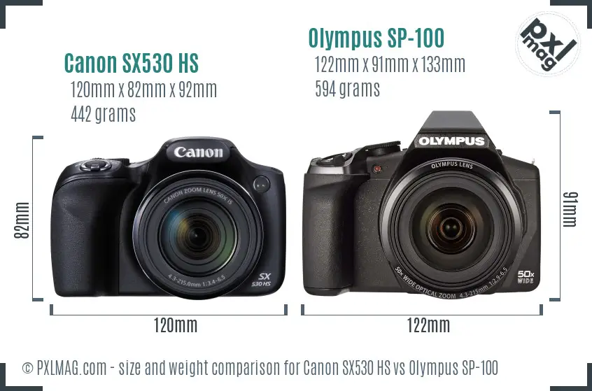 Canon SX530 HS vs Olympus SP-100 size comparison
