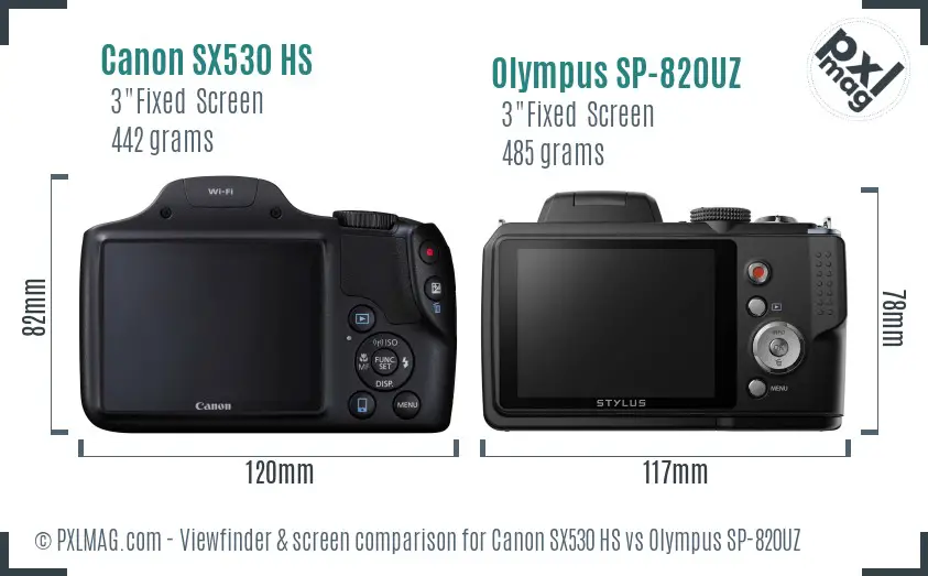 Canon SX530 HS vs Olympus SP-820UZ Screen and Viewfinder comparison