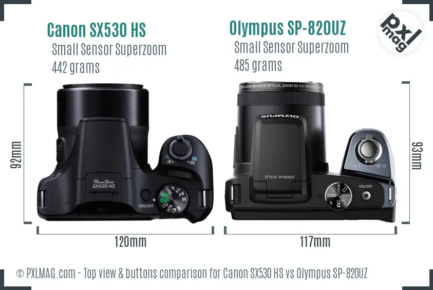 Canon SX530 HS vs Olympus SP-820UZ top view buttons comparison