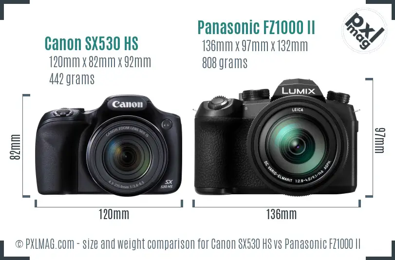 Canon SX530 HS vs Panasonic FZ1000 II size comparison