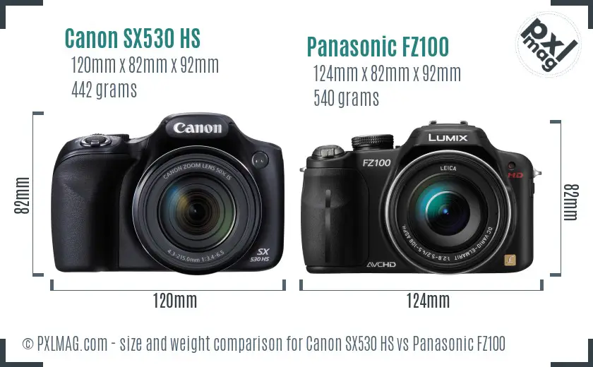Canon SX530 HS vs Panasonic FZ100 size comparison Canon SX530 HS vs Panasonic FZ100 size comparison