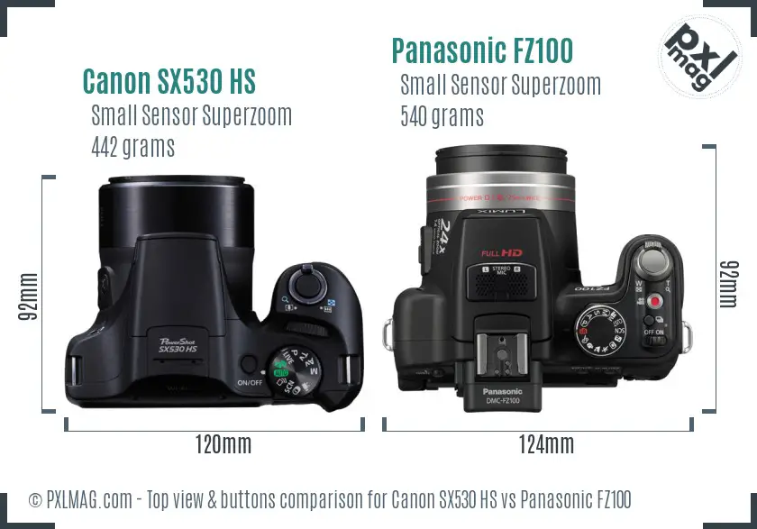 Canon SX530 HS vs Panasonic FZ100 top view buttons comparison Canon SX530 HS vs Panasonic FZ100 top view buttons comparison