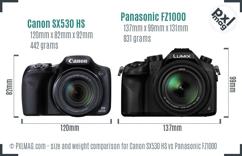 Canon SX530 HS vs Panasonic FZ1000 size comparison