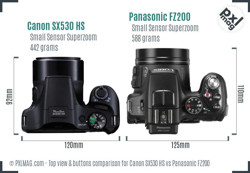 Canon SX530 HS vs Panasonic FZ200 top view buttons comparison