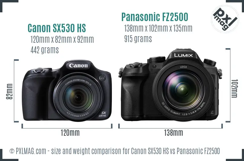 Canon SX530 HS vs Panasonic FZ2500 size comparison