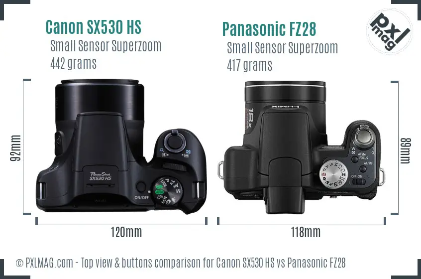 Canon SX530 HS vs Panasonic FZ28 top view buttons comparison Canon SX530 HS vs Panasonic FZ28 top view buttons comparison