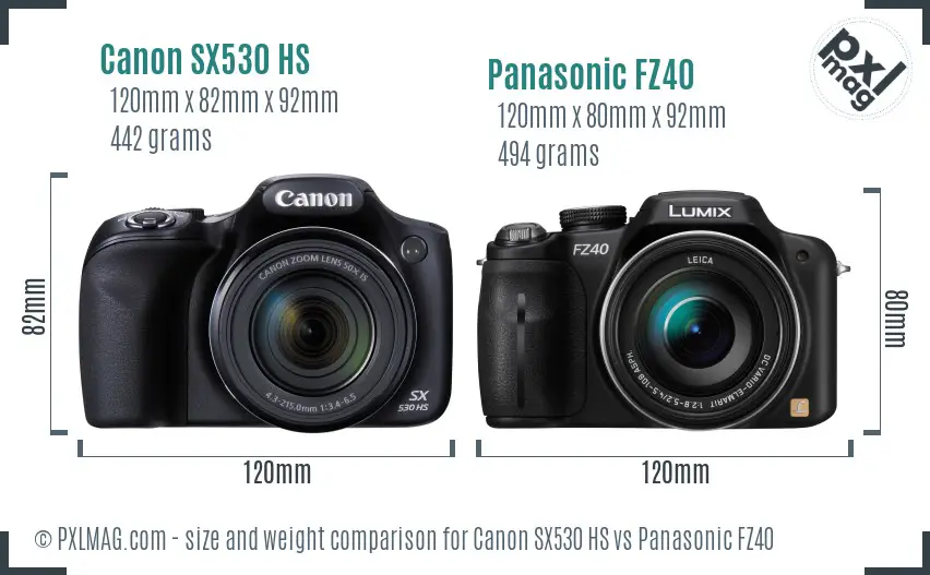 Canon SX530 HS vs Panasonic FZ40 size comparison