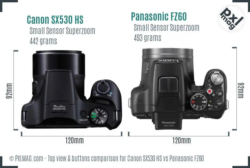 Canon SX530 HS vs Panasonic FZ60 top view buttons comparison