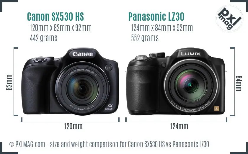 Canon SX530 HS vs Panasonic LZ30 size comparison