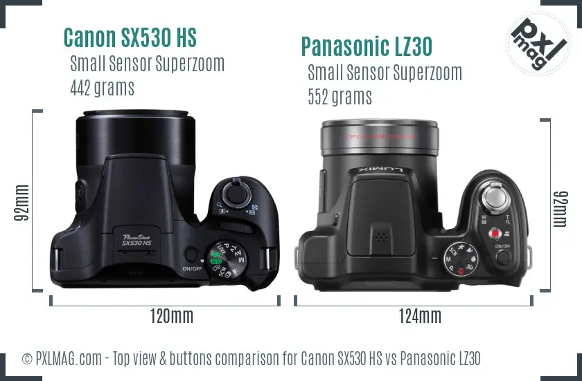Canon SX530 HS vs Panasonic LZ30 top view buttons comparison